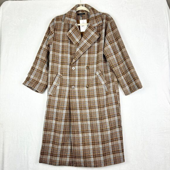 Fore Houndstooth Plaid Double Breasted Pea Coat Size Medium NEW Longline - Picture 1 of 7
